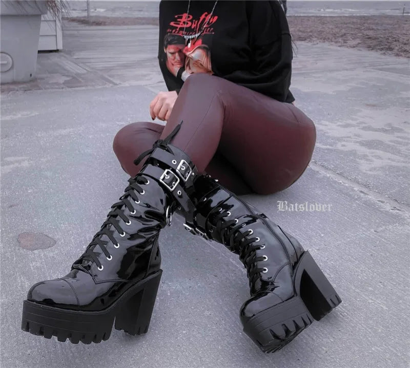 Onlymaker Women Black Platform Punk Boots Patent Leather Lace Up Mid Calf Chunky High Heels Side Zip  Motorcycle Boots