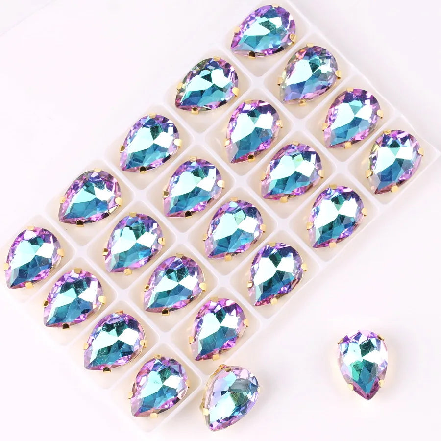 waterdrop shape Gold claw settings Rainbow & Jelly AB glass Crystal 7*10 10*14 13*18mm Sew on rhinestone wedding dress diy trim