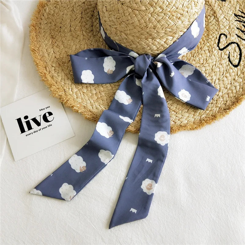 Summer Women Imitation Silk Dress Belt Variety Cute Double Printing Women Neckerchiefs Travel Bag Hats Ribbons Ladies Scarves