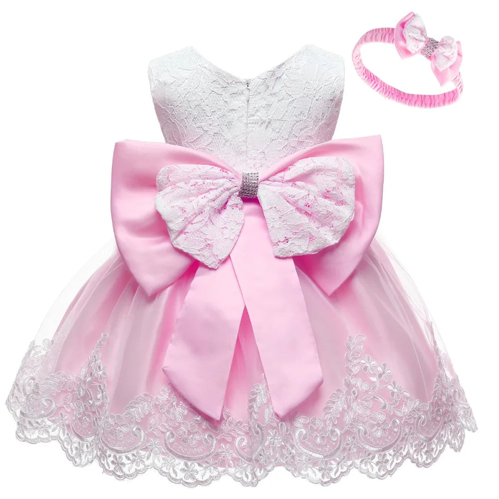 Baby Girls Princess Dress And Hairband 2Pcs Elegant Bow Toddler Girl 1 Years Birthday Party Lace Ball Gown Vestidos Kids Dresses