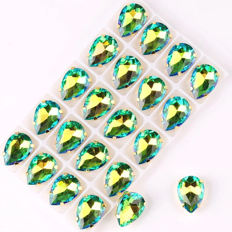 waterdrop shape Gold claw settings Rainbow & Jelly AB glass Crystal 7*10 10*14 13*18mm Sew on rhinestone wedding dress diy trim