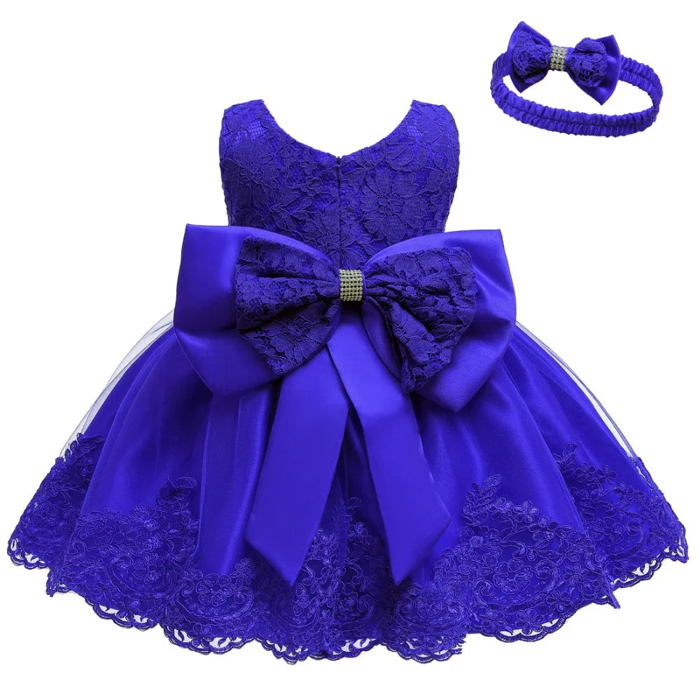 Baby Girls Princess Dress And Hairband 2Pcs Elegant Bow Toddler Girl 1 Years Birthday Party Lace Ball Gown Vestidos Kids Dresses