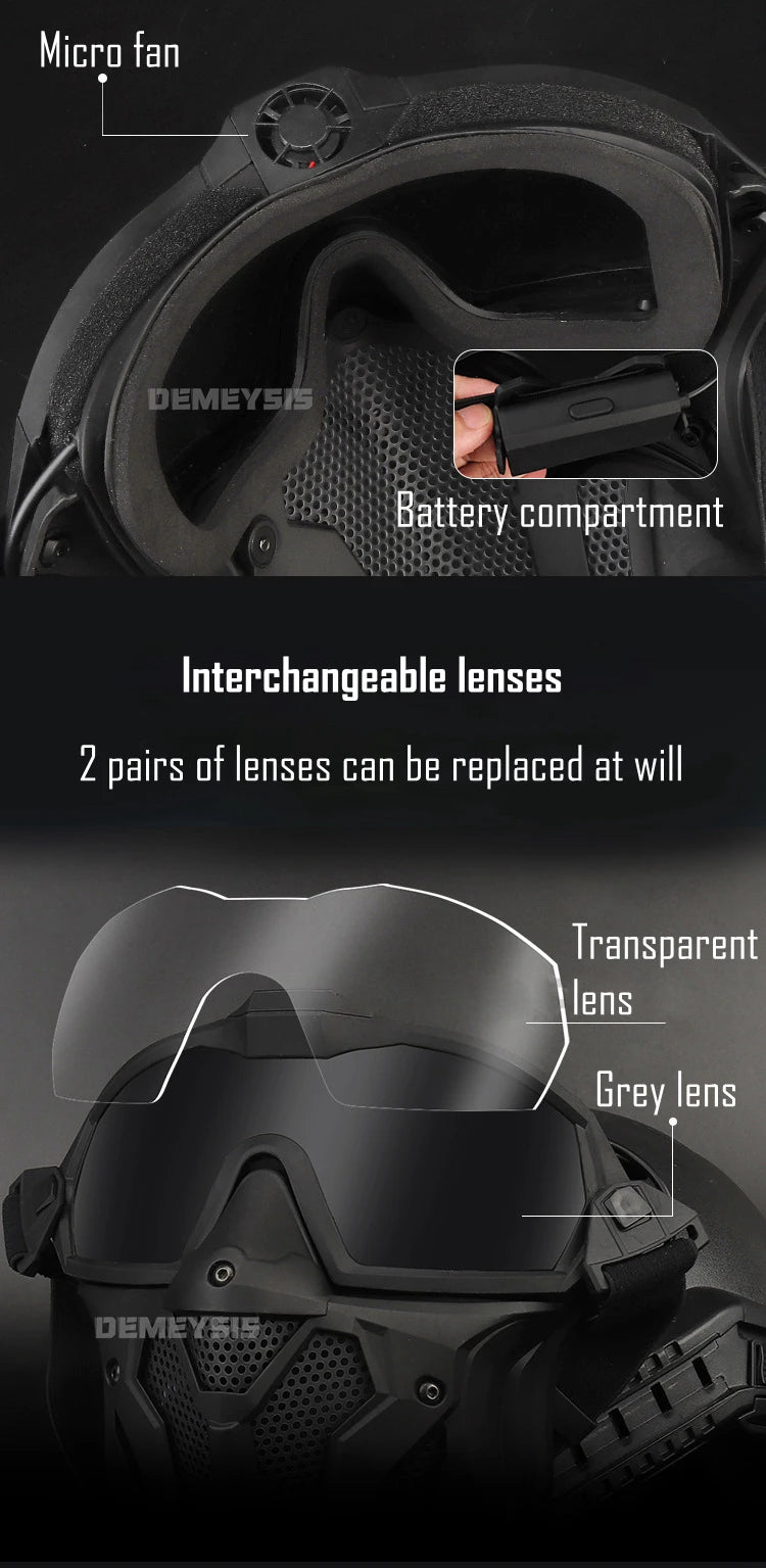 Tactical Full Face Mask Anti-fog Fan Shooting Safety Protective Equipment Hunting Airsoft Paintball Detachable Goggles Masks Set