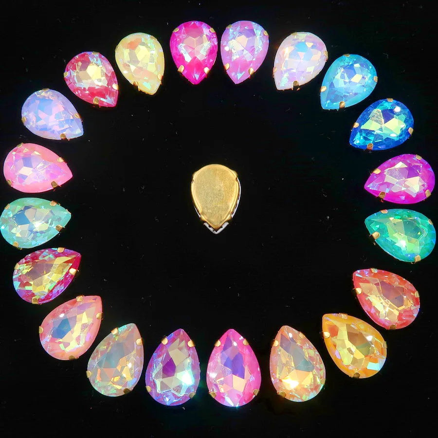 waterdrop shape Gold claw settings Rainbow & Jelly AB glass Crystal 7*10 10*14 13*18mm Sew on rhinestone wedding dress diy trim