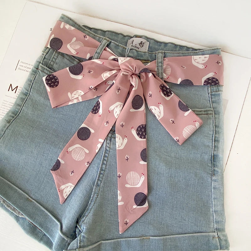 Summer Women Imitation Silk Dress Belt Variety Cute Double Printing Women Neckerchiefs Travel Bag Hats Ribbons Ladies Scarves
