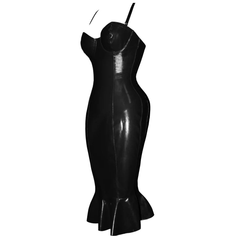 Summer Women Dresses Sexy Spaghetti Straps Bandage PVC Wet Look Leather Midi Dress Vintage Bodycon Clubwear Party Dress Vestidos