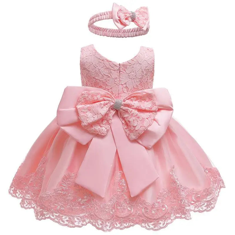 Baby Girls Princess Dress And Hairband 2Pcs Elegant Bow Toddler Girl 1 Years Birthday Party Lace Ball Gown Vestidos Kids Dresses