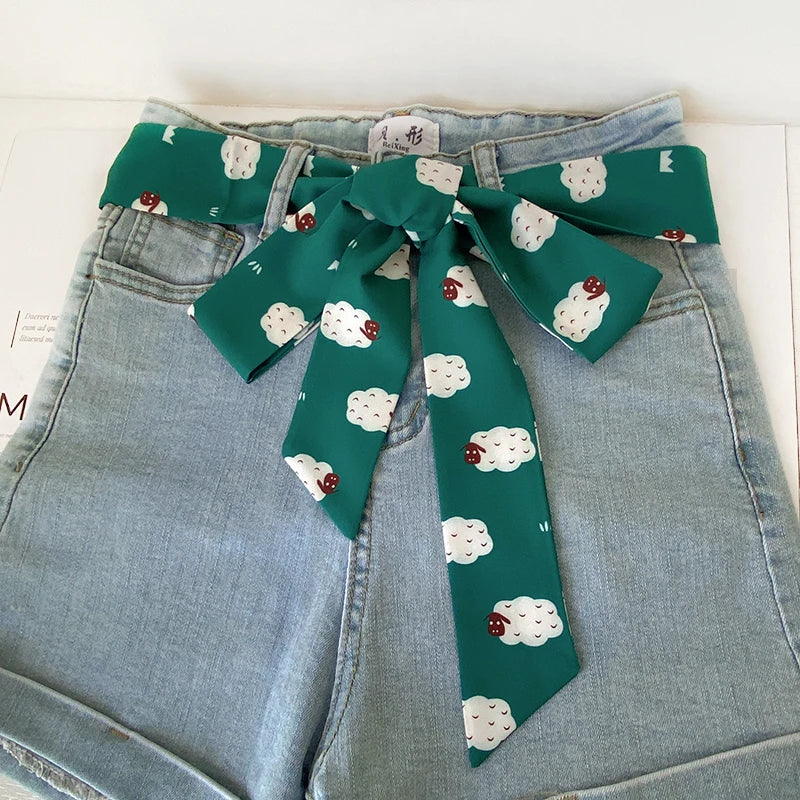 Summer Women Imitation Silk Dress Belt Variety Cute Double Printing Women Neckerchiefs Travel Bag Hats Ribbons Ladies Scarves