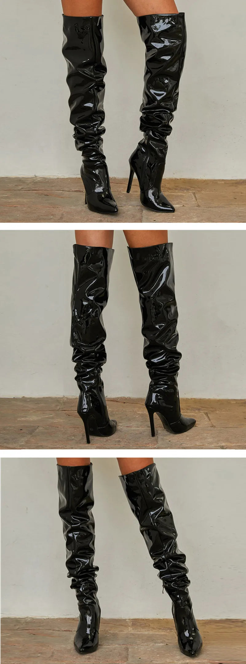 Eilyken High Quality Pleated Patent Leather Motorcycle Over The Knee Boots Women Fashion Pointed Toe Zip Thigh High Lady Shoes