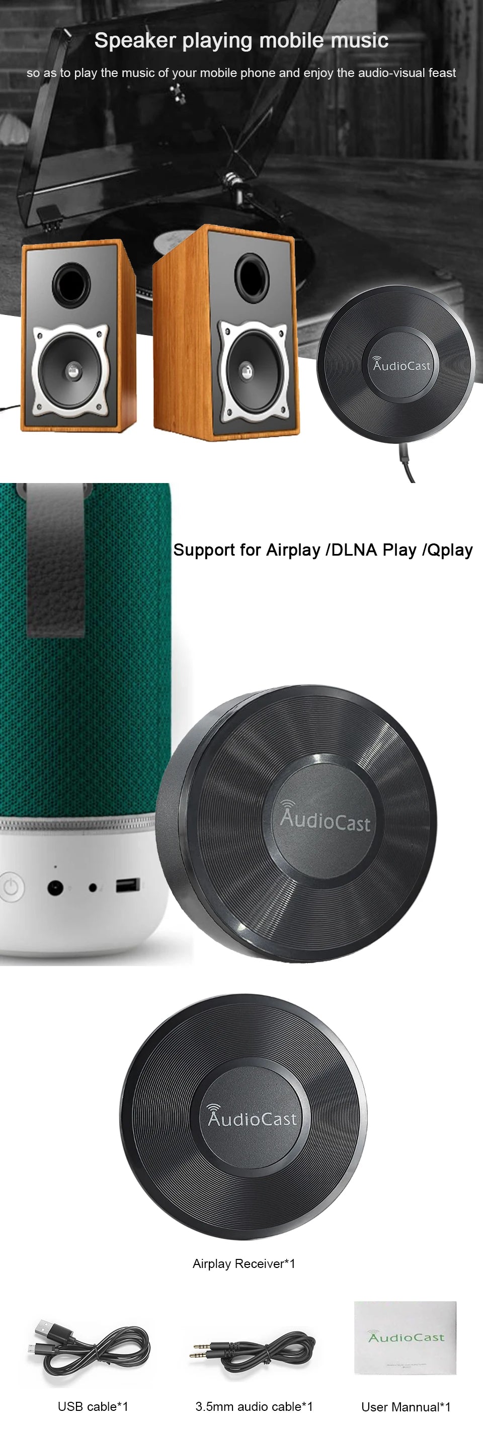 M5 AudioCast for Airplay Wireless Music Audio Speaker Receiver 2.4G WIFI Hifi Music for DLNA Airplay Adapter Spotify Streamer