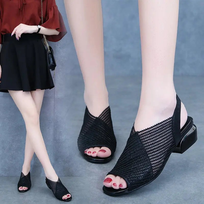 Women Sandals Fashion Thick Heel Peep Toe Women's Shoes Mesh Breathable Sandals Ladies Plus Size Girls Summer Beach Sandals