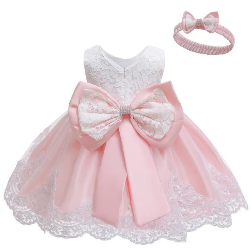 Baby Girls Princess Dress And Hairband 2Pcs Elegant Bow Toddler Girl 1 Years Birthday Party Lace Ball Gown Vestidos Kids Dresses