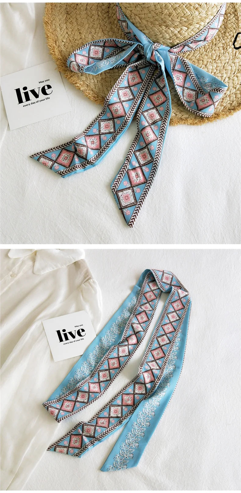 Summer Women Imitation Silk Dress Belt Variety Cute Double Printing Women Neckerchiefs Travel Bag Hats Ribbons Ladies Scarves