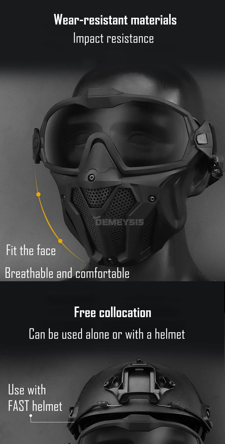 Tactical Full Face Mask Anti-fog Fan Shooting Safety Protective Equipment Hunting Airsoft Paintball Detachable Goggles Masks Set