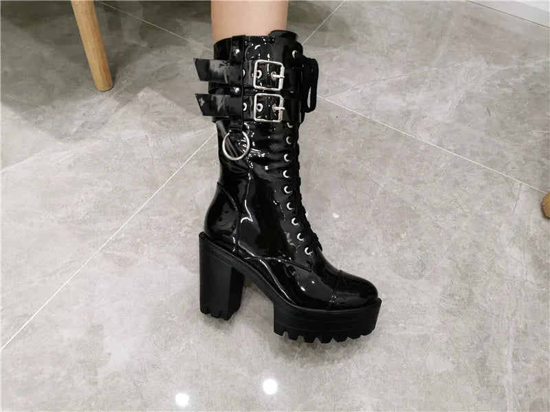 Onlymaker Women Black Platform Punk Boots Patent Leather Lace Up Mid Calf Chunky High Heels Side Zip  Motorcycle Boots