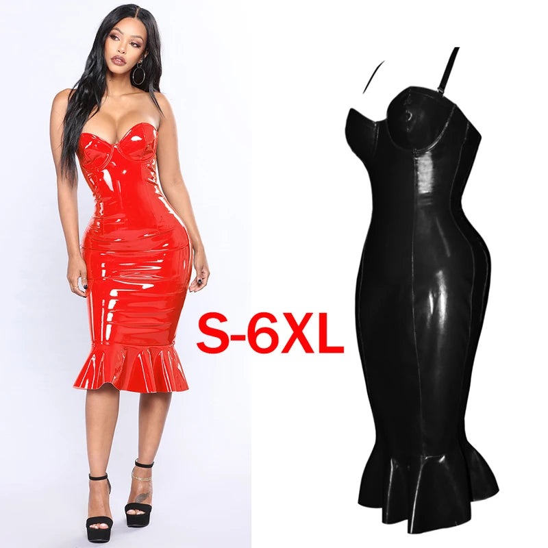Summer Women Dresses Sexy Spaghetti Straps Bandage PVC Wet Look Leather Midi Dress Vintage Bodycon Clubwear Party Dress Vestidos