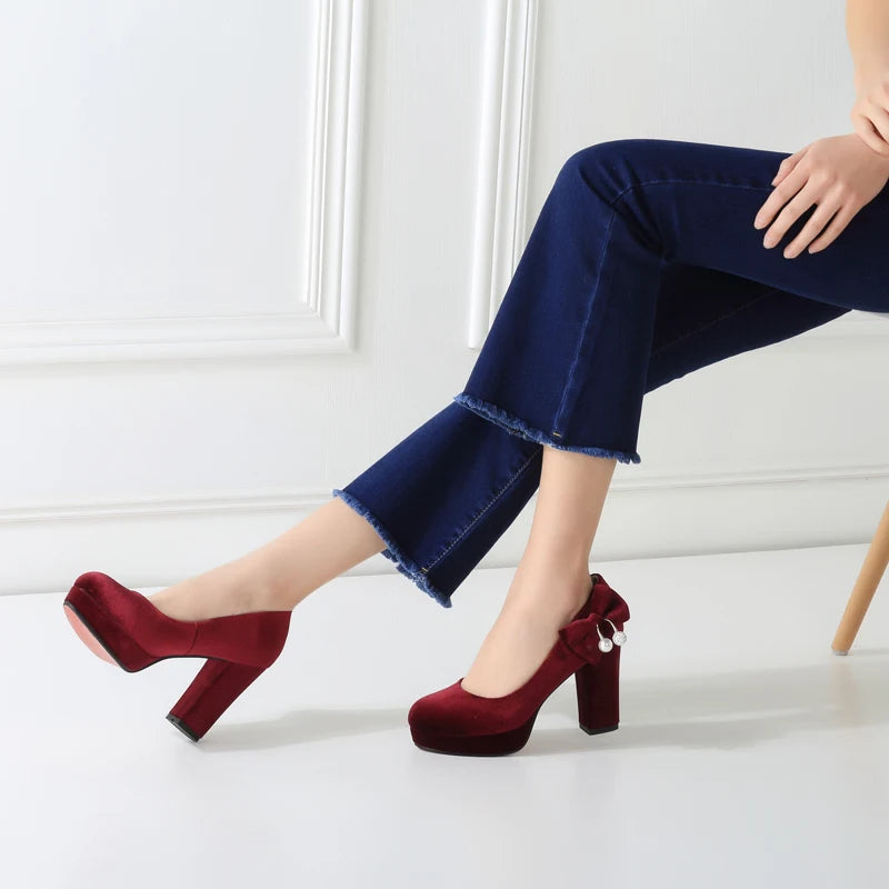 Elegant Women's High Heels Shoes Platform 2025 Fashion Flock Black Blue Red Heeled Party Wedding Shoes Female Velvet Dress Pumps