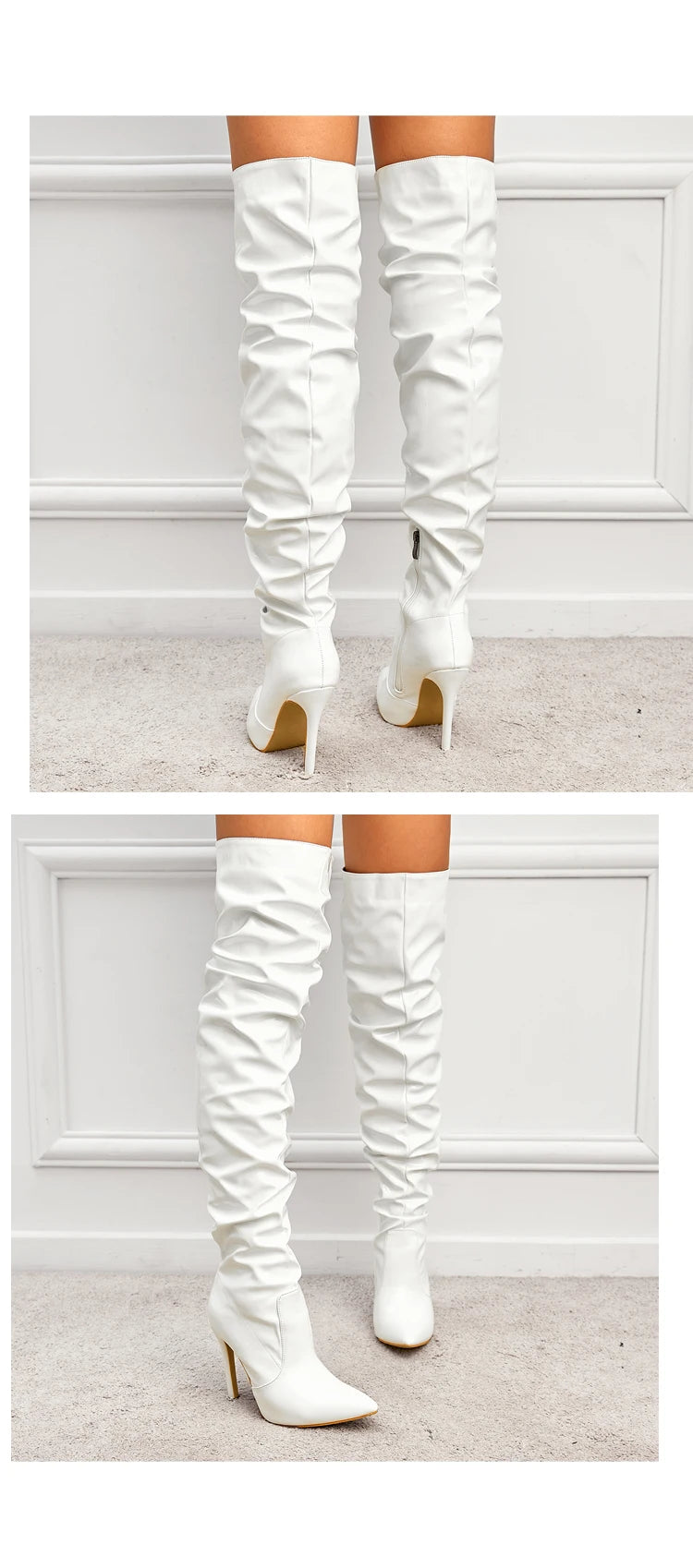 Eilyken High Quality Pleated Patent Leather Motorcycle Over The Knee Boots Women Fashion Pointed Toe Zip Thigh High Lady Shoes
