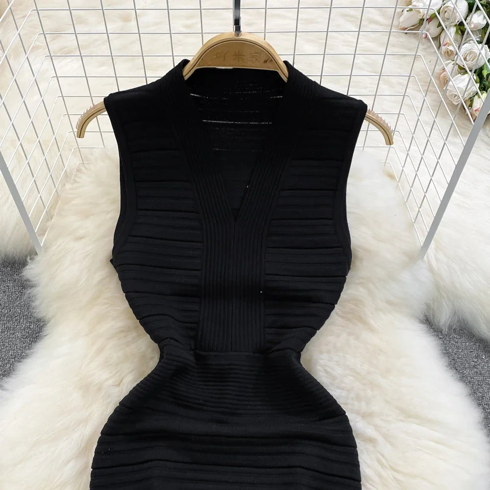 White/Black Sexy Summer Knit Strap Dress Women Tank V Neck Elatic Waist Bodycon Sundress Female Beach  Midi Dress