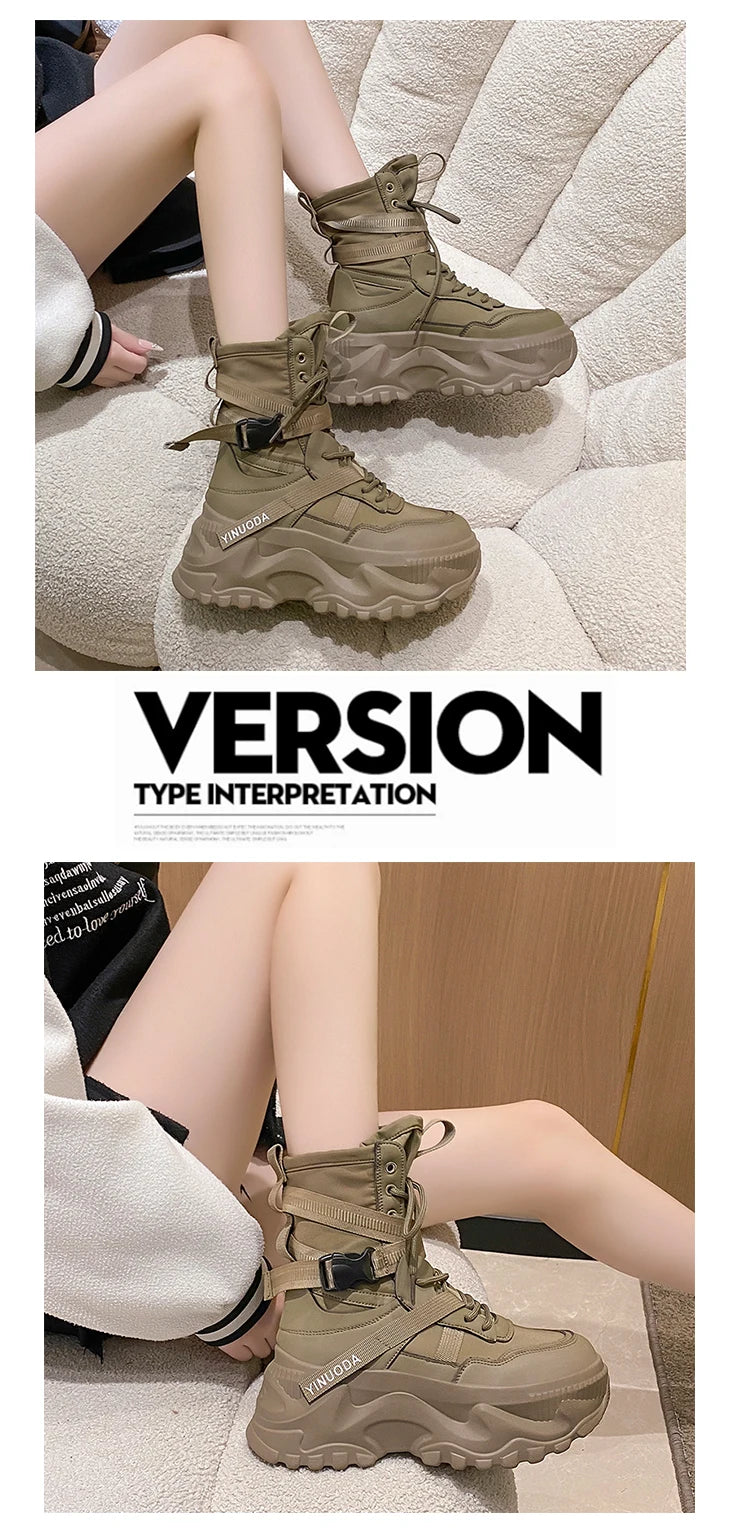 Women Ankle Boots Autumn Leather Chunky Shoes Woman High Platform Breathable Sneakers 8CM Thick Sole Wedges Motorcycles Boots