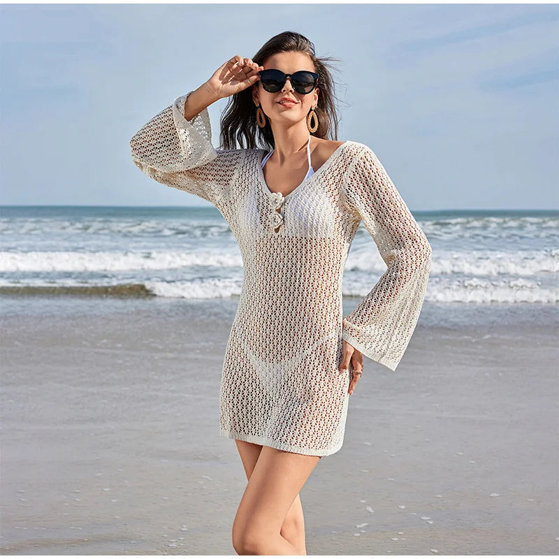 Sexy Hollow Out Knitted Dress Women Metal Ring Long Flare Sleeve Split Solid Maxi Dress Female 2025 V-neck Slim Lady Party Robes