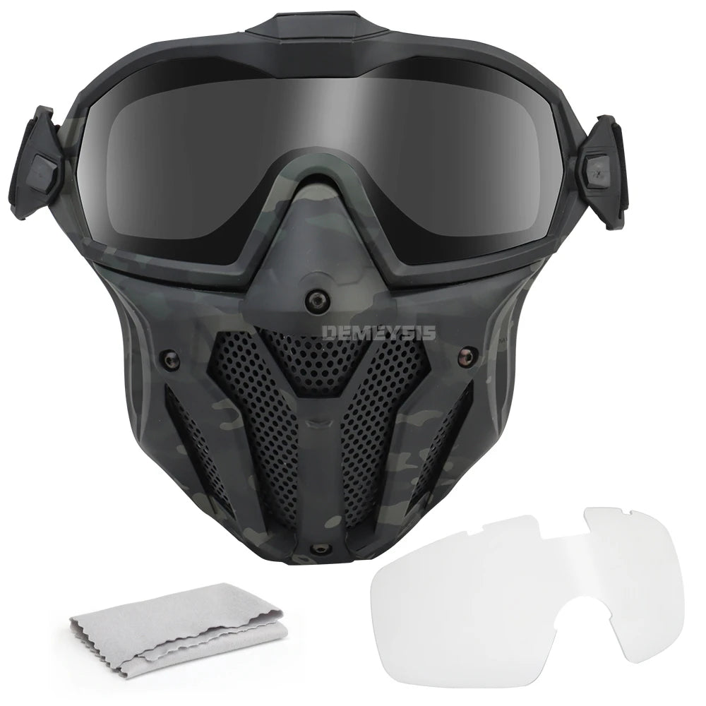 Tactical Full Face Mask Anti-fog Fan Shooting Safety Protective Equipment Hunting Airsoft Paintball Detachable Goggles Masks Set