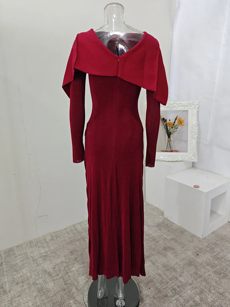 DEAT Elegant Dress Pleated Asymmetrical Cape Long Sleeve Contrast Color Women's Evening Party Dresses 2026 Spring New 35Z1621