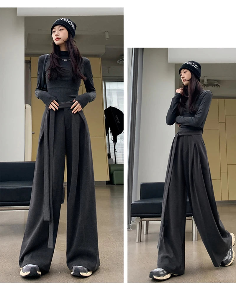 MEXZT Woolen Wide Leg Pants Women Fashion Lace Up Black Baggy Suit Pants Winter Streetwear Korean Casual Straight Trousers New