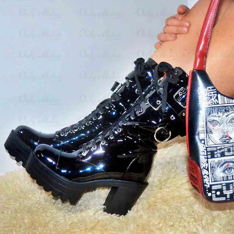 Onlymaker Women Black Platform Punk Boots Patent Leather Lace Up Mid Calf Chunky High Heels Side Zip  Motorcycle Boots