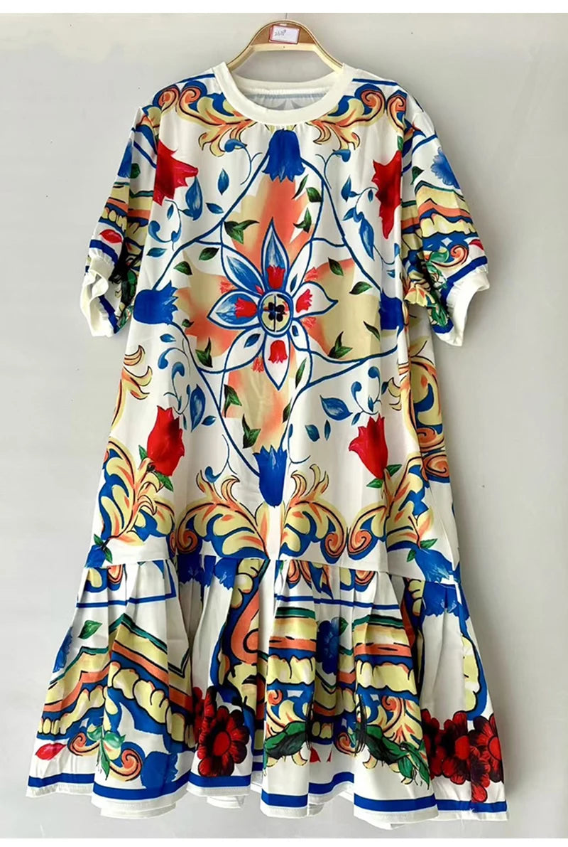 Fashion elegant geometric printing short sleeve loose dress Summer women's new temperament casual short straight skirt