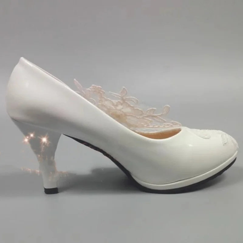 Spring new round-toe waterproof platform lace rhinestone low-heel wedding shoes thin high-heeled dress large-size women's shoes