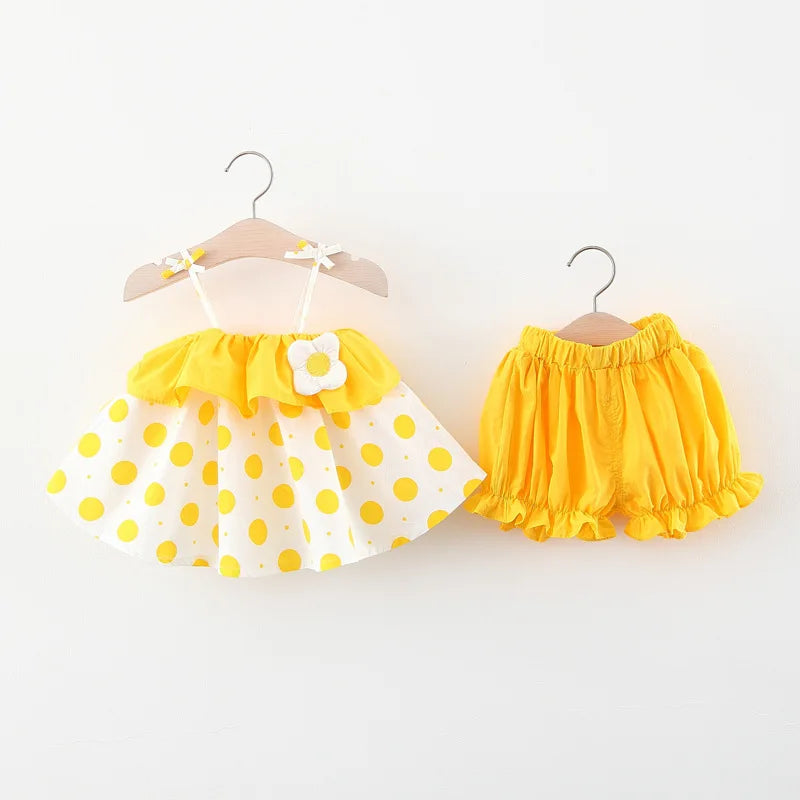 New Two-Piece Halter Strawberry Print Polka Dot Bloomers For Baby Girls Casual Summer Two-Piece Sweet Princess Dress