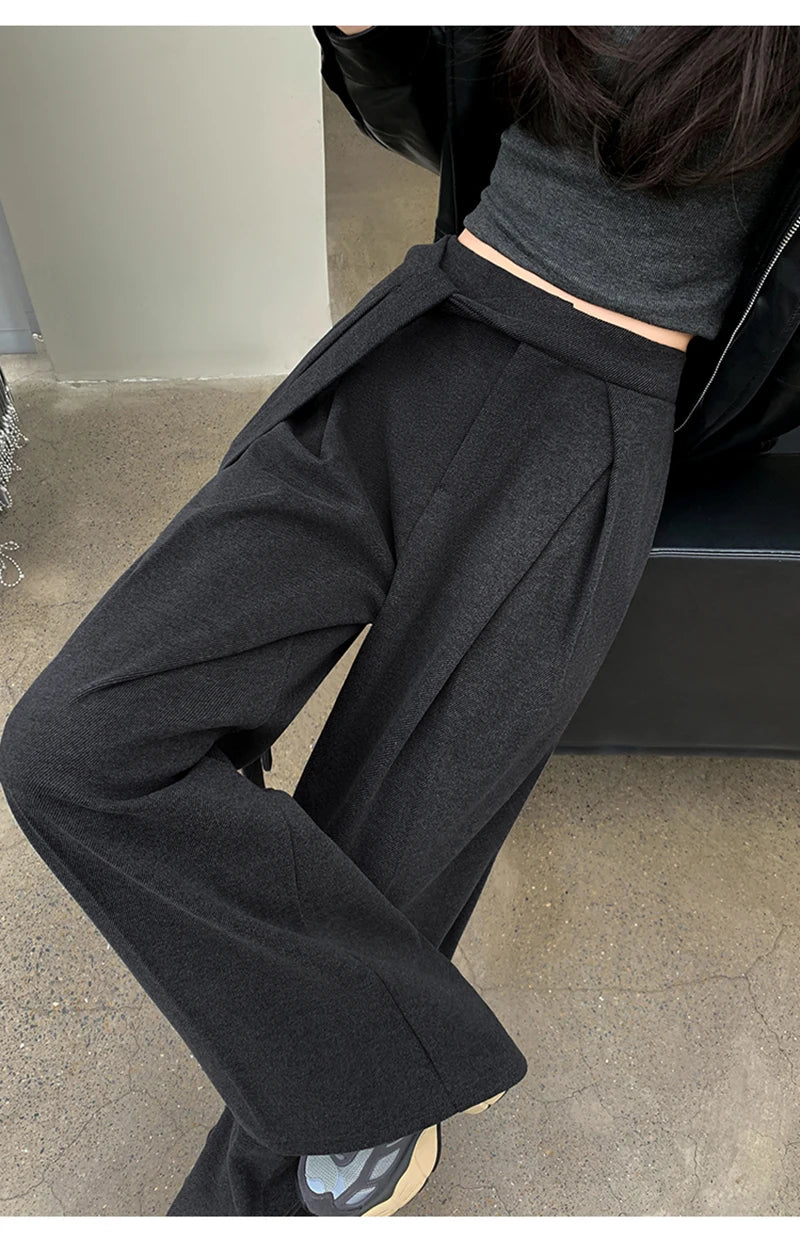 MEXZT Woolen Wide Leg Pants Women Fashion Lace Up Black Baggy Suit Pants Winter Streetwear Korean Casual Straight Trousers New