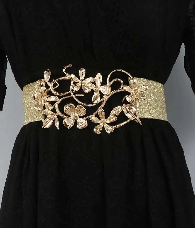 LANMREM Women Temperament Golden Flower Buckle Gold Silver Thread Elastic Waistband Fashionable Matching Skirt Dress 2DB1921