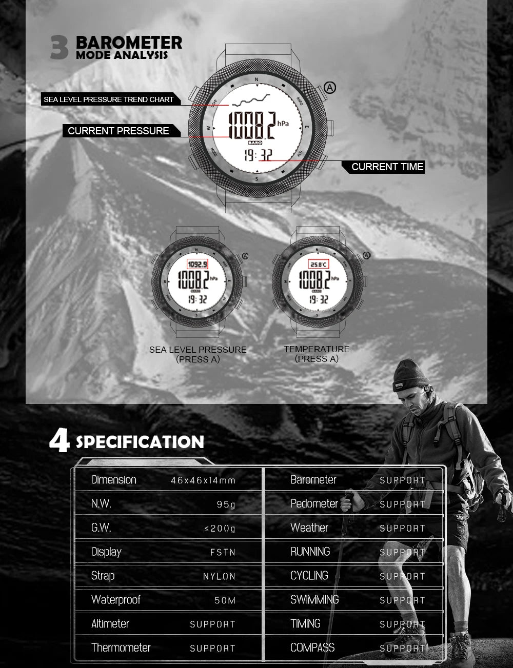 NORTH EDGE Smart Watch For Men Altimeter Barometer Thermometer Compass Military Digital Clock Outdoor Smartwatch Waterproof 50m