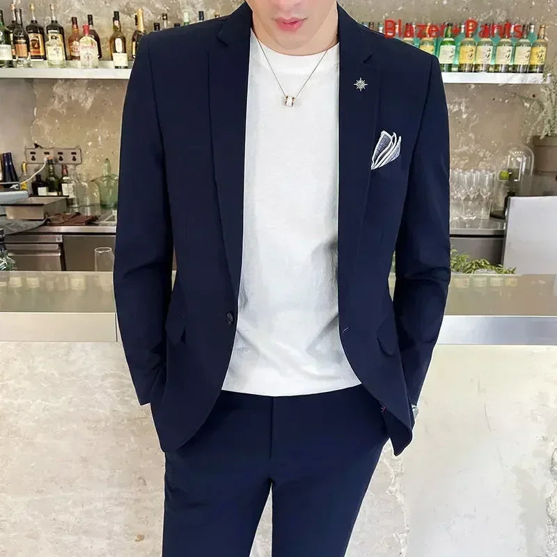 ( Blazer + Pants ) High End Brand Plaid Men's Casual Formal Office Business Suit Groom Wedding Dress Slim Suit Jacket Trousers