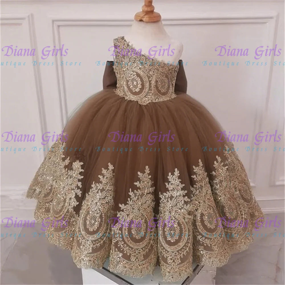 Flower Girl Dress One Shoulder With Gold Lace African Pageant Dresses Knot Bow Tulle Kids Birthday Party First Communion Gowns