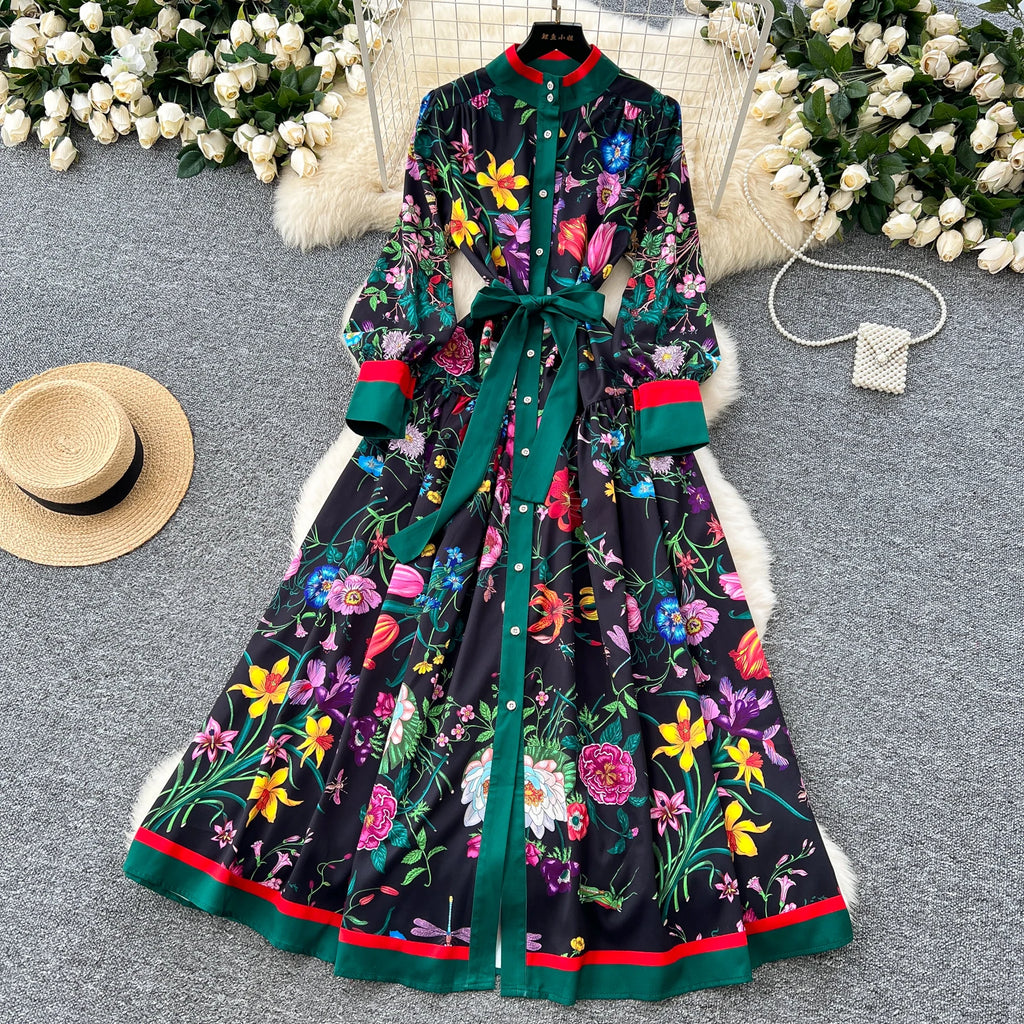 Elegant Long Sleeves Vintage Stand Collar Chic Single Breasted Print Bandage Slim Long Dress High Street Autumn Winter Clothing