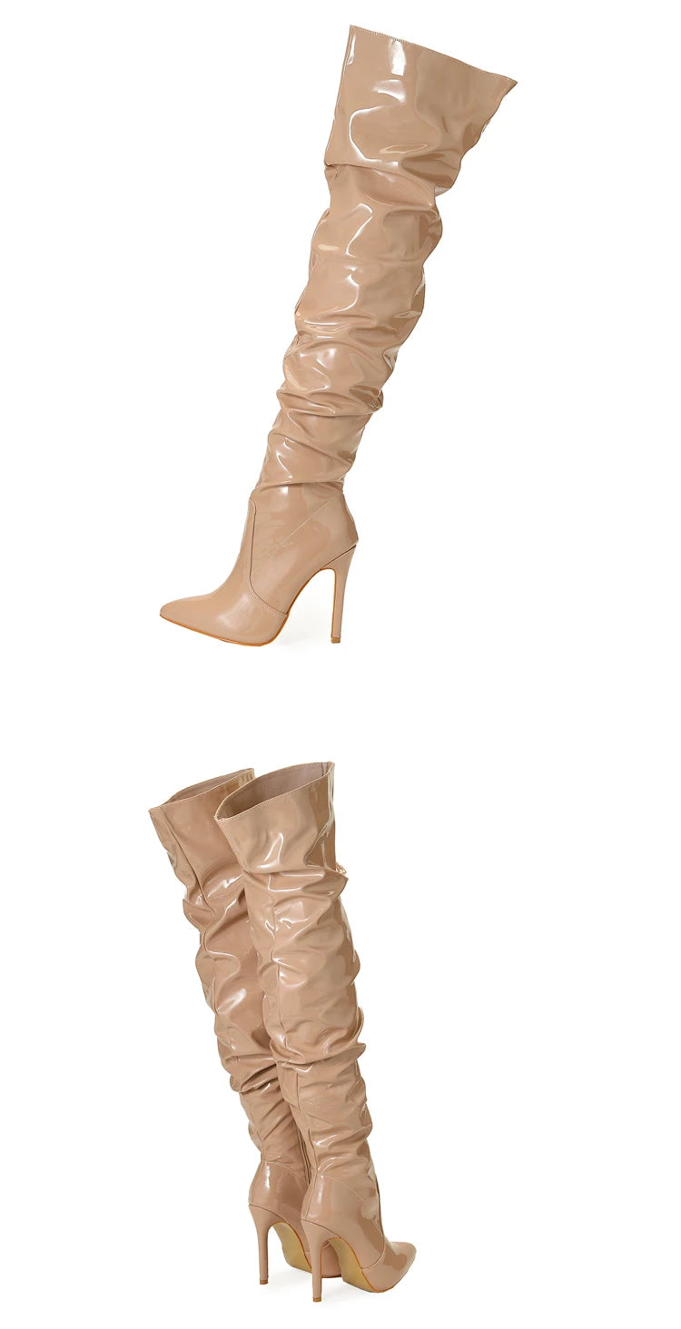 Eilyken High Quality Pleated Patent Leather Motorcycle Over The Knee Boots Women Fashion Pointed Toe Zip Thigh High Lady Shoes