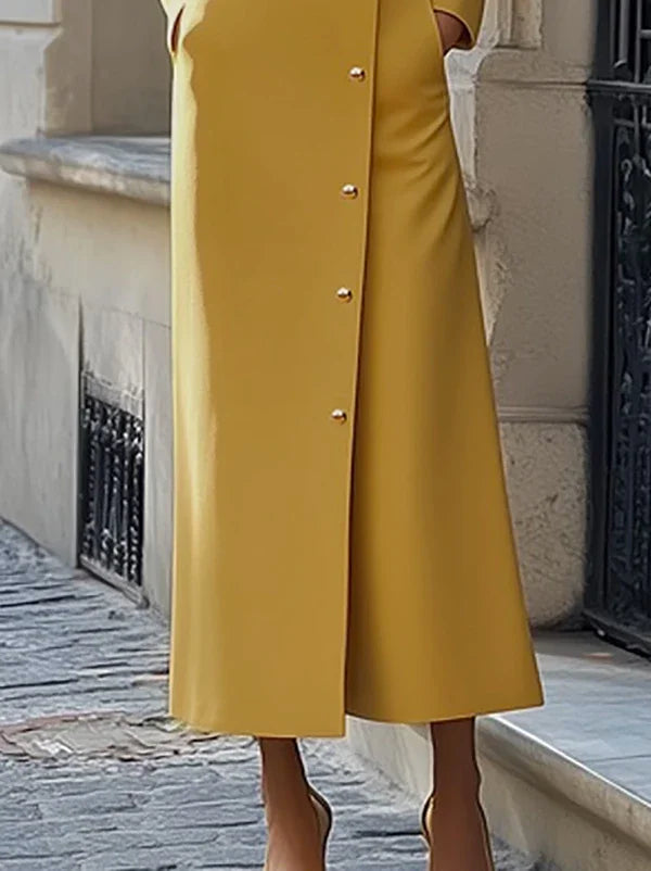 Solid Color Dress for Women 2025 Stand Collar Long Sleeves Single-breasted H-Line Midi Dress Autumn Fashion High Street Dress