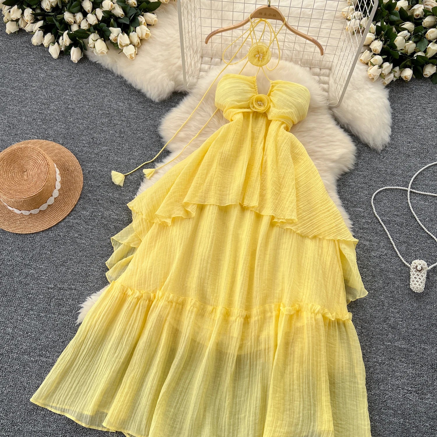 Elegant Sweet High Waist Hollow Out Asymmetric Three-dimensional Flower Halter Dress Vacation Slim Women Party Summer Dresses