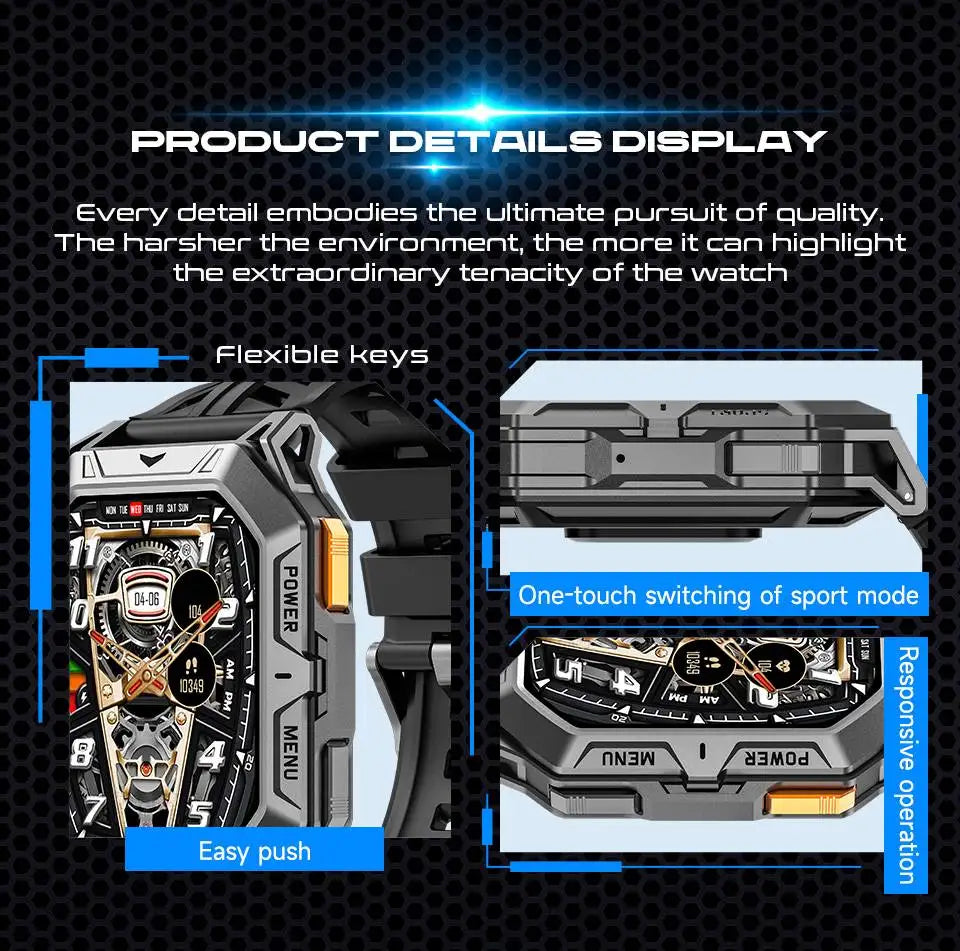 Men's Rugged Smart Watch 2.13" AMOLED HD Touch Screen Heart Rate Monitor 10M Waterproof 1000mAh Compass Outdoor Sports Watch