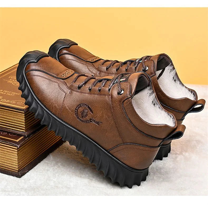 CINESSD New Warm Winter Velvet Men's Snow Boots Non-slip Men's Leather Boots Thick Bottom Dad Shoes