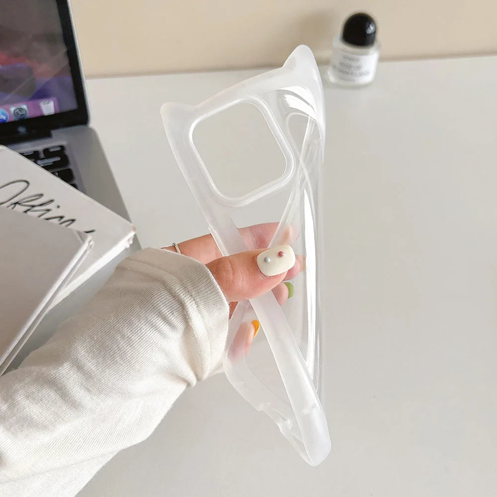 Korea Cute 3D Cat Ear Transparent Phone Case For iPhone 11 12 13 14 15 16 Pro Max Matte Silicone Shockproof Protective Cover
