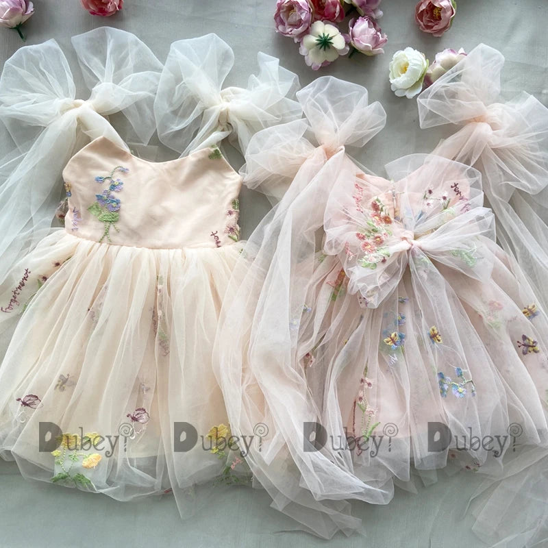 2026 Baby Embroidery Dress Girl Summer Dress Floral Bows Sleeveless Ballarina Dance Performance Dress Girls Tutus Clothes