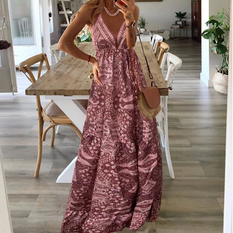 Bohemian Style Women's Clothing Long Dress New  Suspender Long Dress High Waist V-neck Printed Floral Dress Women's Clothing