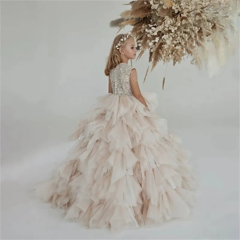 Flower Girl Dress Birthday Ball Gown Puffy For Wedding Tulle Appliques Beading Party Pageant First Communion Gown Gift