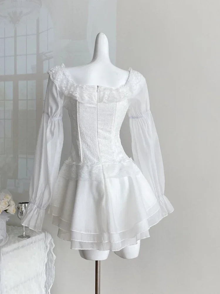 Aesthetic Sweet Slim Elegant Mini Dress Women Lace Up French Vintage Design Short Party Dress Female Solid Elegant Clothes 2025
