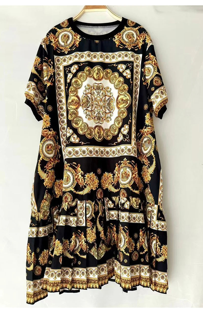 Fashion elegant geometric printing short sleeve loose dress Summer women's new temperament casual short straight skirt