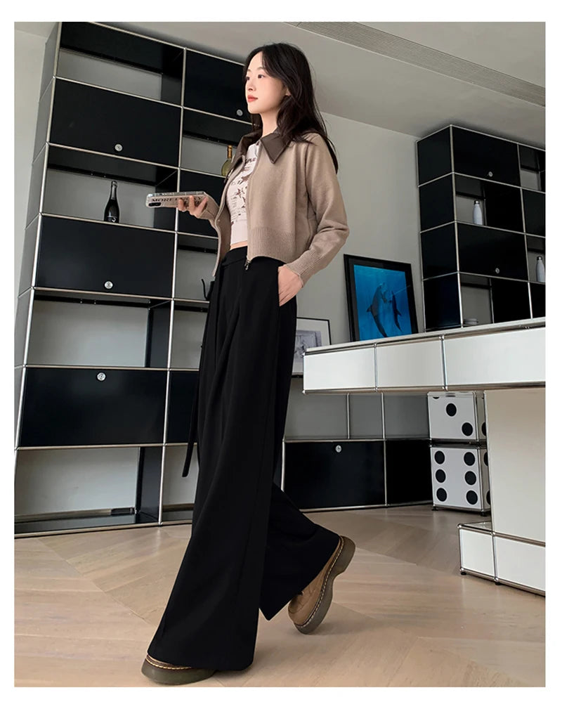 MEXZT Woolen Wide Leg Pants Women Fashion Lace Up Black Baggy Suit Pants Winter Streetwear Korean Casual Straight Trousers New